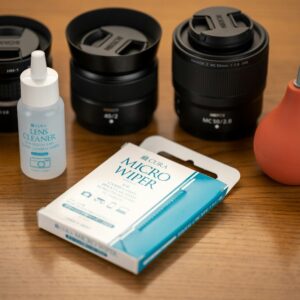 a table with a camera, lens, and other items on it